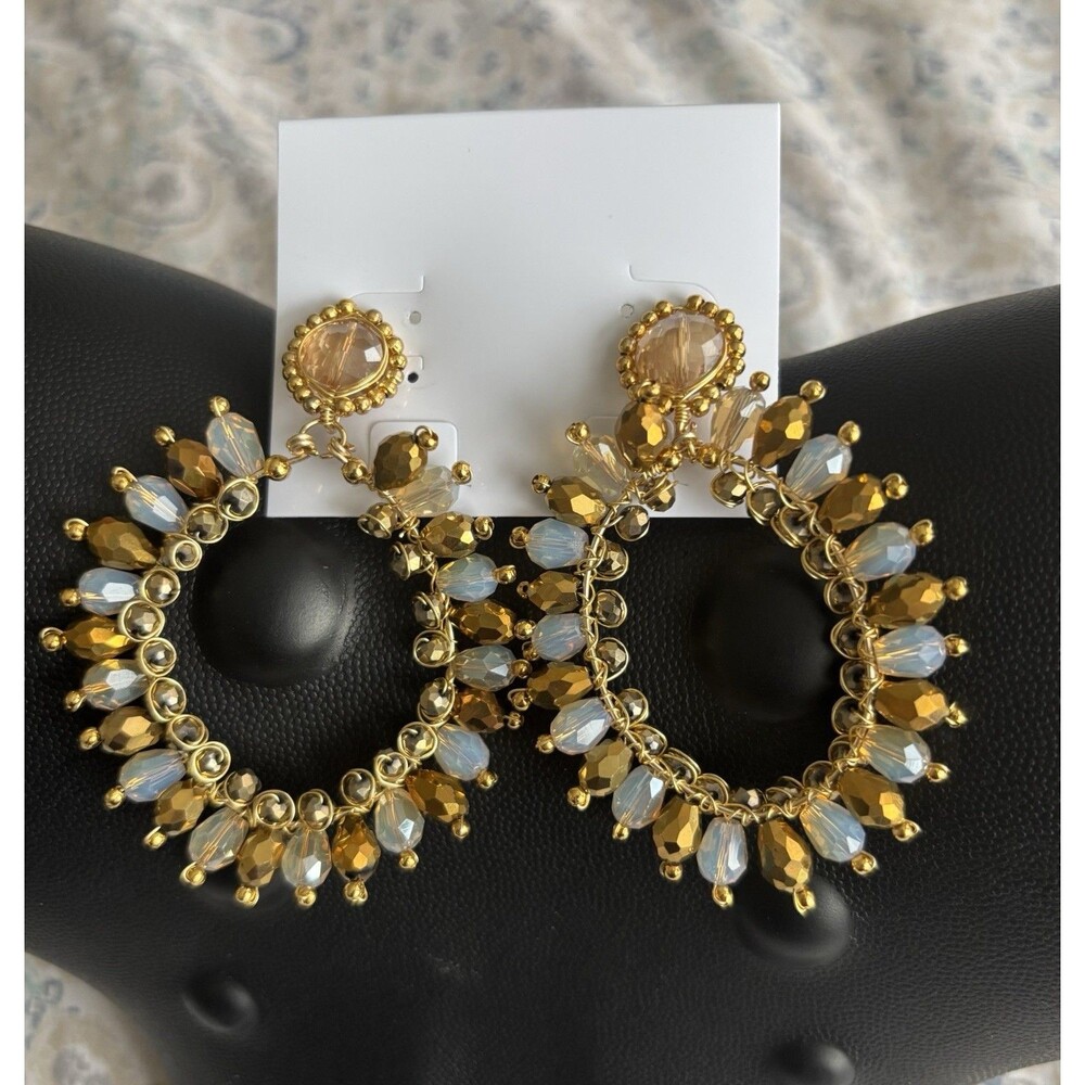 Gold Tone Women Metal Rhinestone Large Crystal Warm Toned Chandelier Earrings - Picture 4 of 4